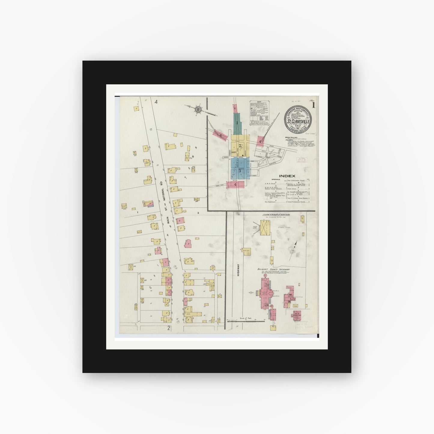 Old map wall art mockup — black gallery frame with white mat — Sanborn Fire Insurance Map from Saint Clairsville, Belmont County, Ohio (1911), Sheet #0001