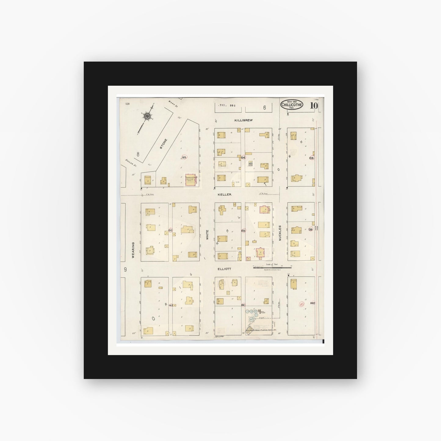 Old map wall art mockup — black gallery frame with white mat — Sanborn Fire Insurance Map from Chillicothe, Hardeman County, Texas (1941), Sheet #0010
