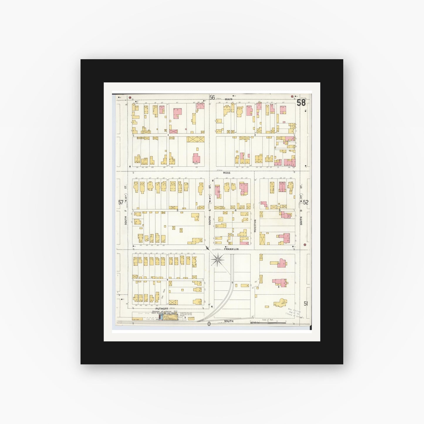 Old map wall art mockup — black gallery frame with white mat — Sanborn Fire Insurance Map from Hamilton, Butler County, Ohio (1899), Sheet #0058