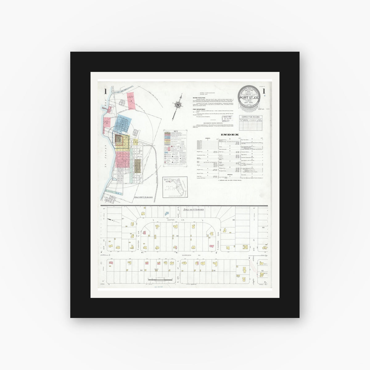 Old map wall art mockup — black gallery frame with white mat — Sanborn Fire Insurance Map from Port Saint Joe, Gulf County, Florida (1940) - Complete Map Set