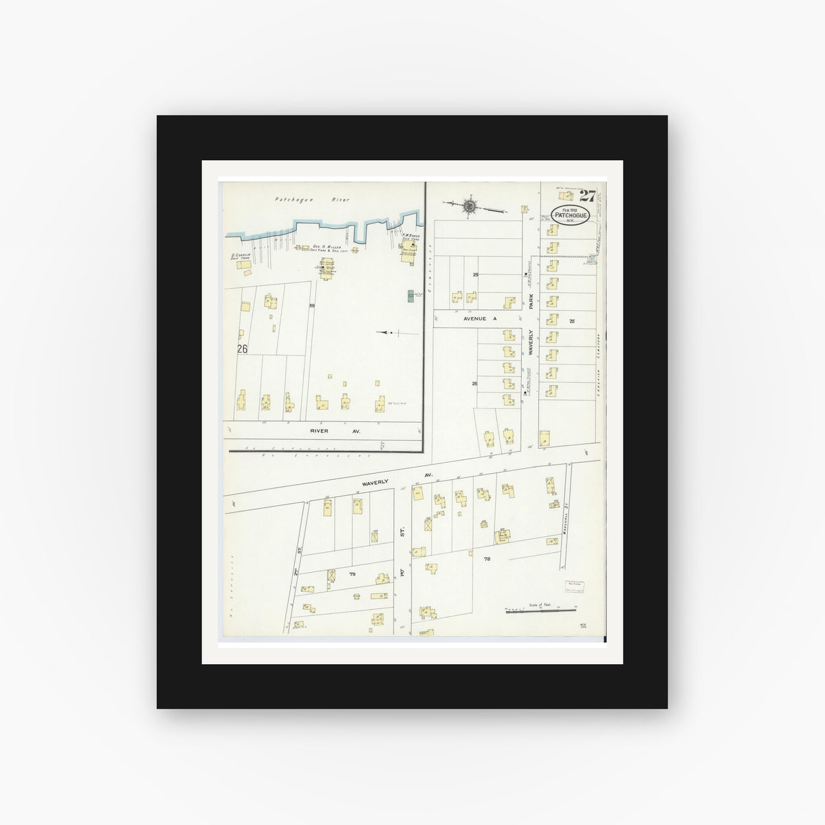 Old map wall art mockup — black gallery frame with white mat — Sanborn Fire Insurance Map from Patchogue, Suffolk County, New York (1910), Sheet #0027