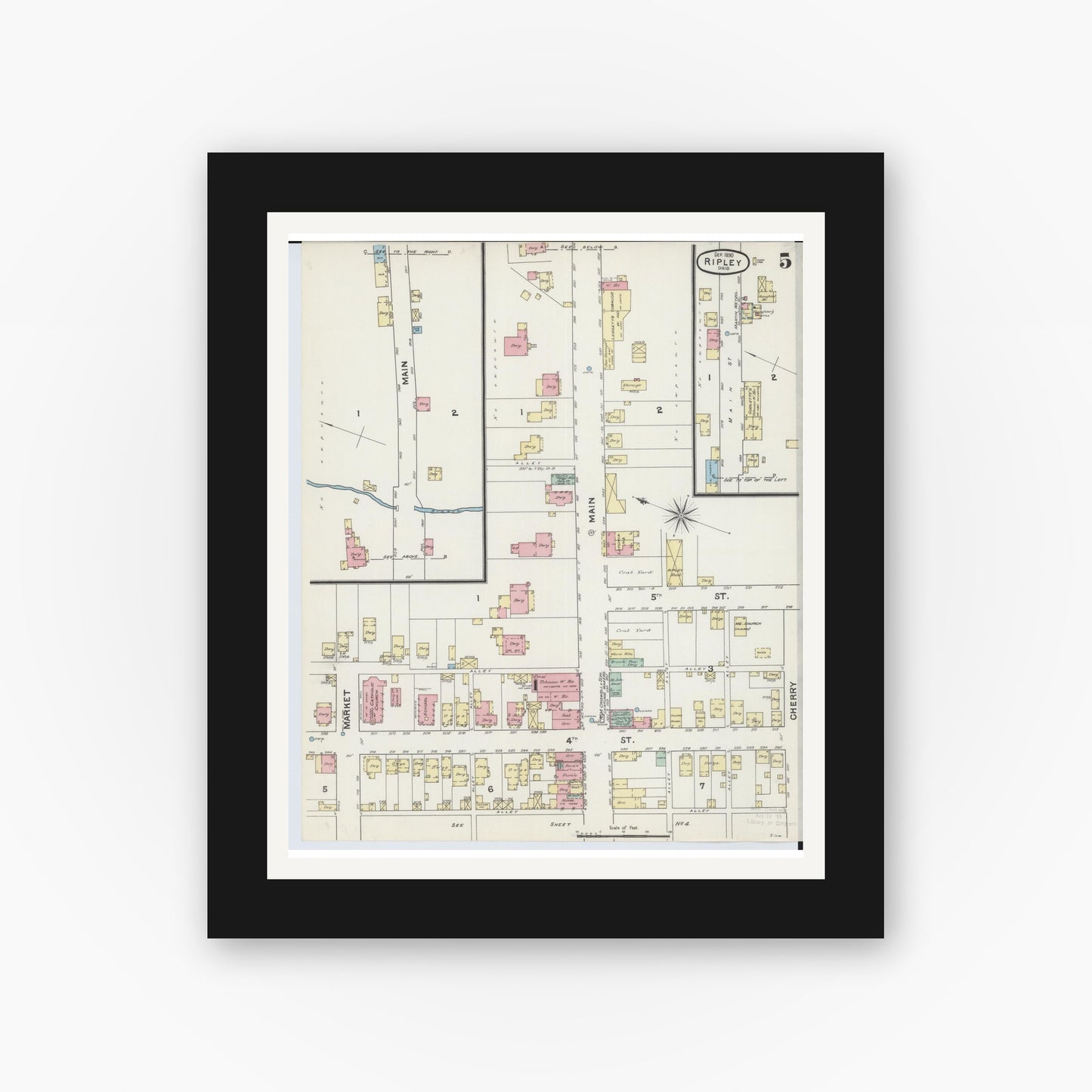 Old map wall art mockup — black gallery frame with white mat — Sanborn Fire Insurance Map from Ripley, Brown County, Ohio (1890), Sheet #0005