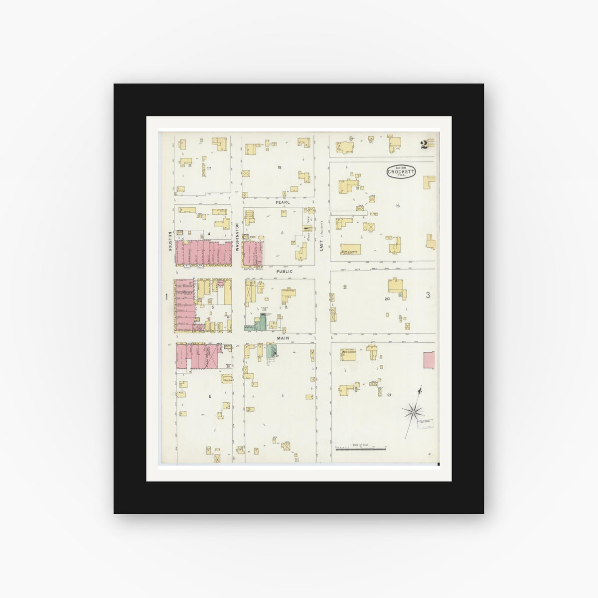 Old map wall art mockup — black gallery frame with white mat — Sanborn Fire Insurance Map from Crockett, Houston County, Texas (1896), Sheet #0002