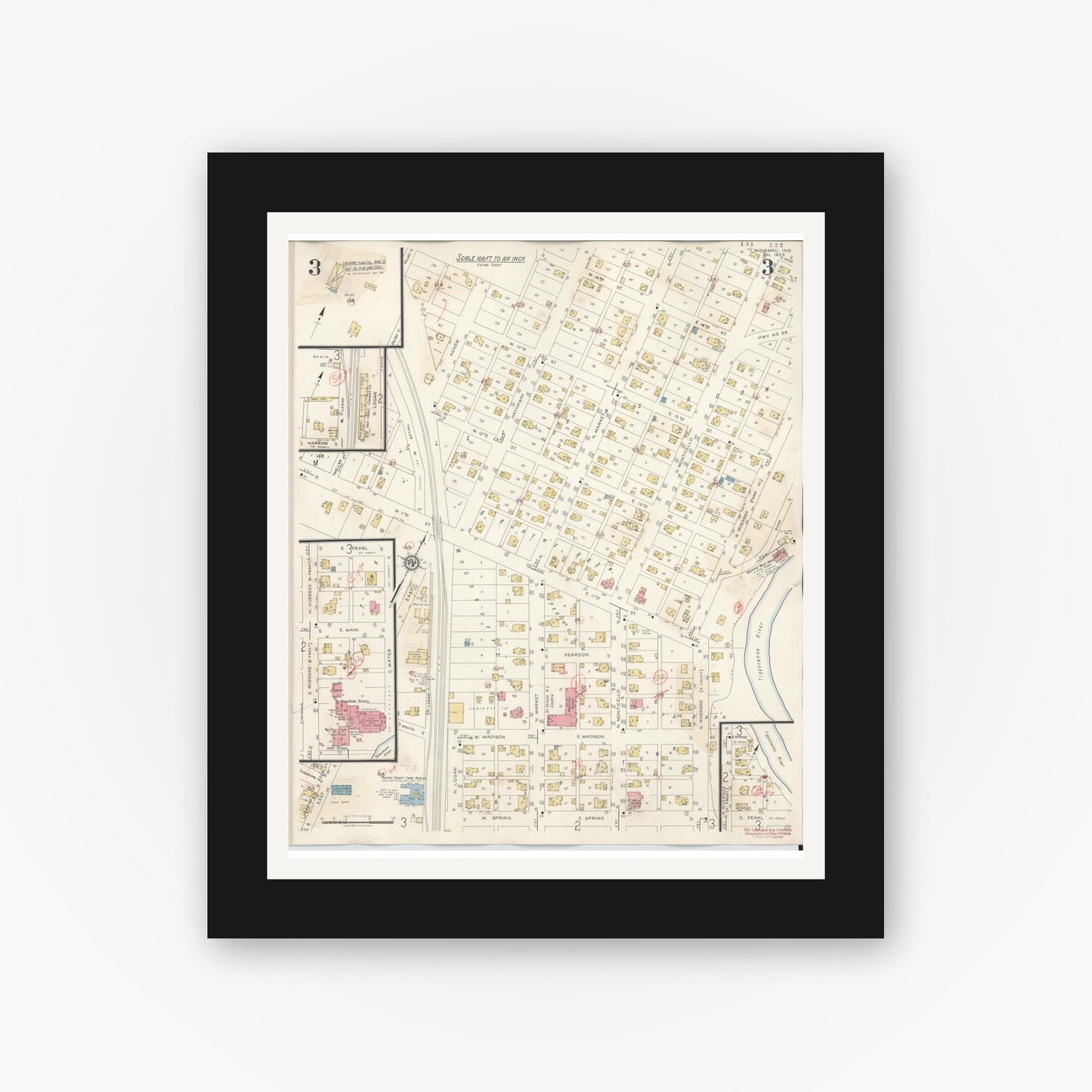 Old map wall art mockup — black gallery frame with white mat — Sanborn Fire Insurance Map from Winamac, Pulaski County, Indiana (1943), Sheet #0003