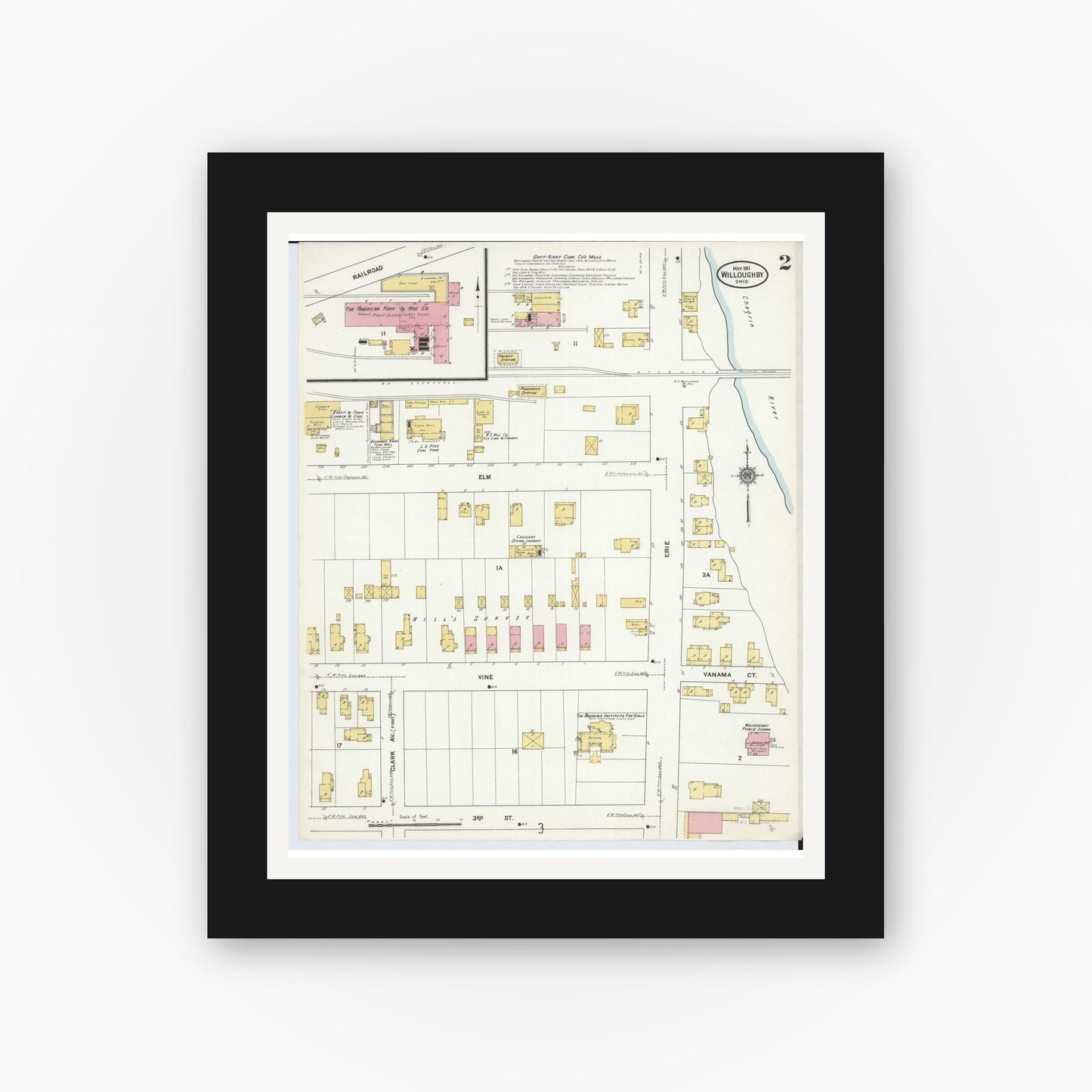 Old map wall art mockup — black gallery frame with white mat — Sanborn Fire Insurance Map from Willoughby, Lake County, Ohio (1911), Sheet #0002