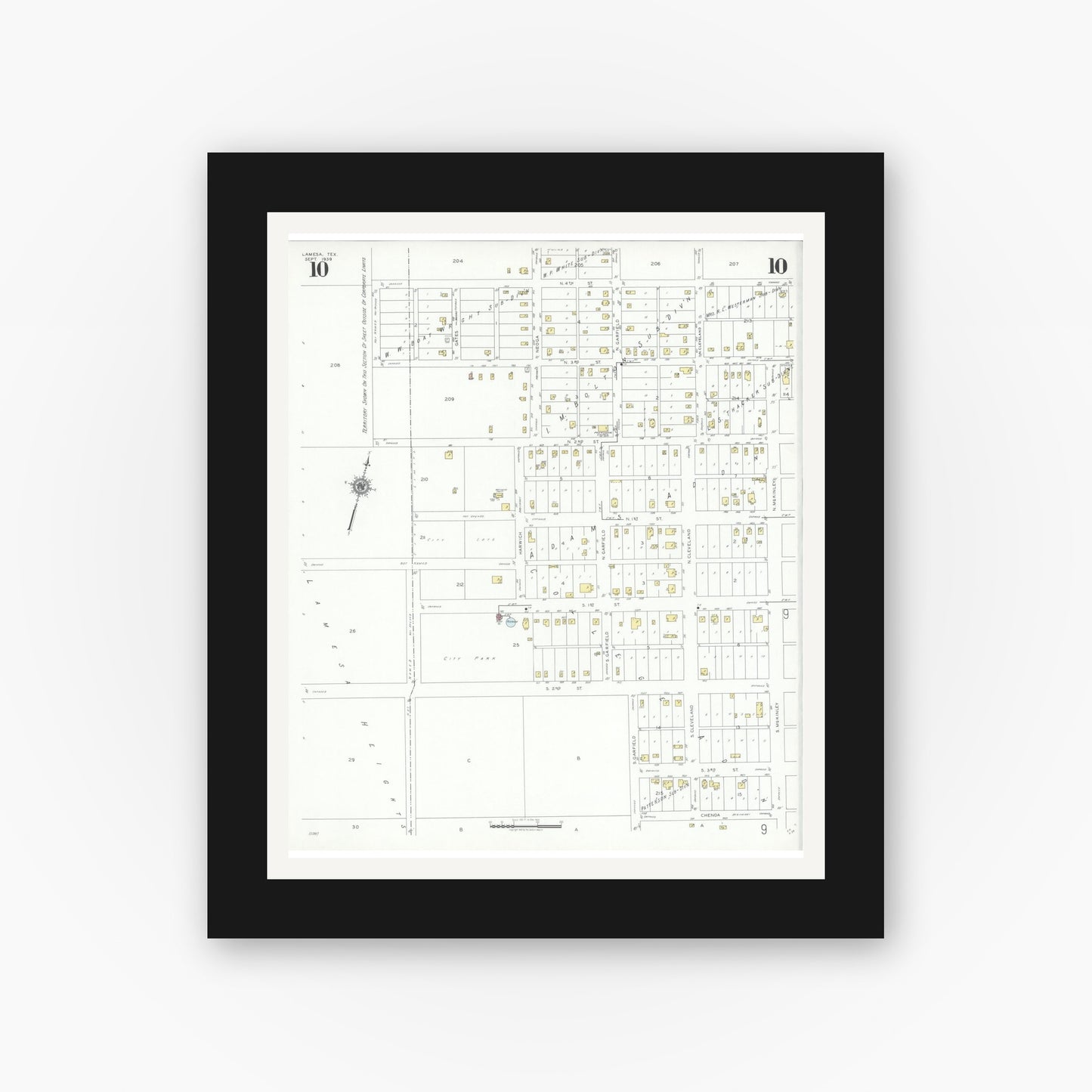 Old map wall art mockup — black gallery frame with white mat — Sanborn Fire Insurance Map from Lamesa, Dawson County, Texas (1939), Sheet #0010