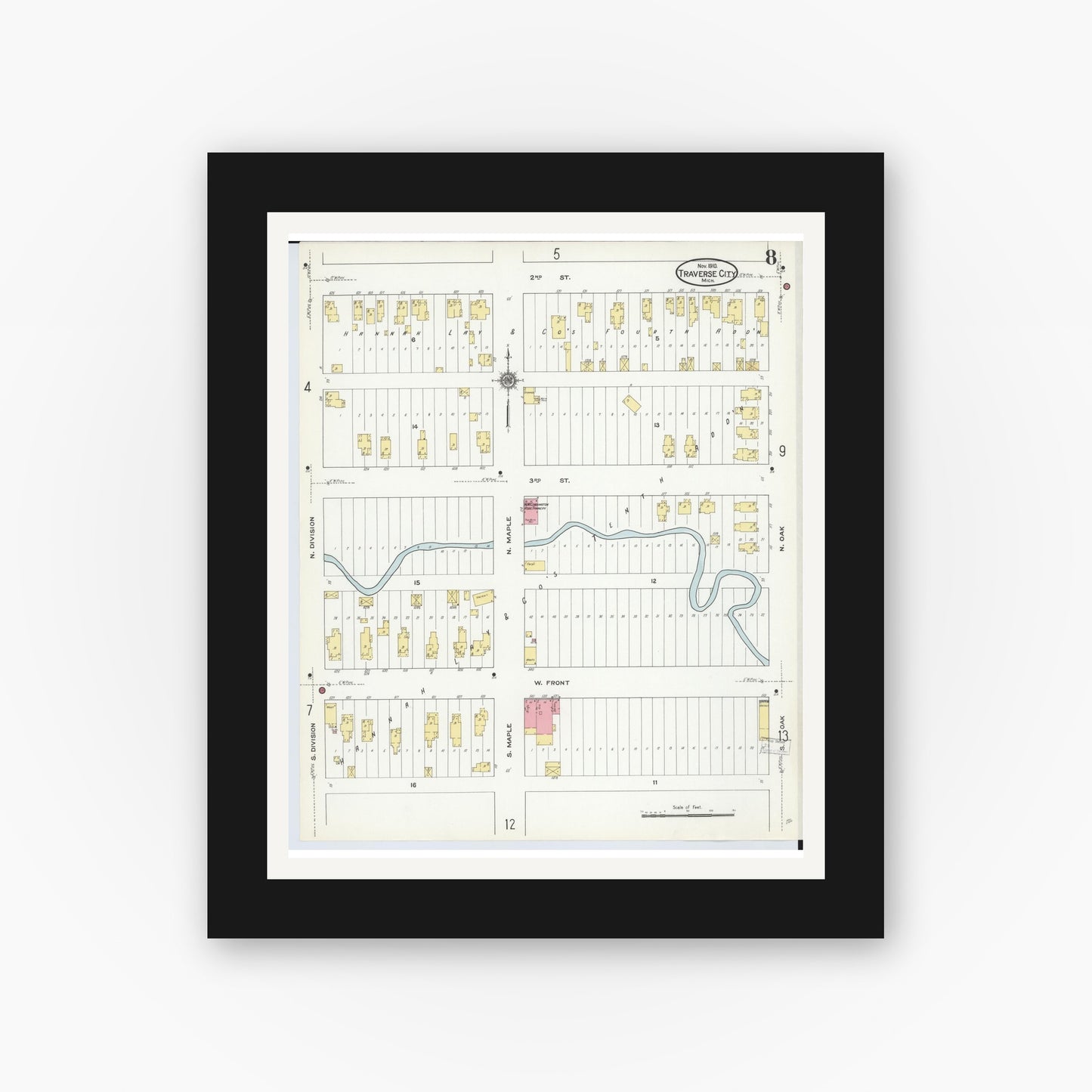 Old map wall art mockup — black gallery frame with white mat — Sanborn Fire Insurance Map from Traverse City, Grand Traverse County, Michigan (1910), Sheet #0008
