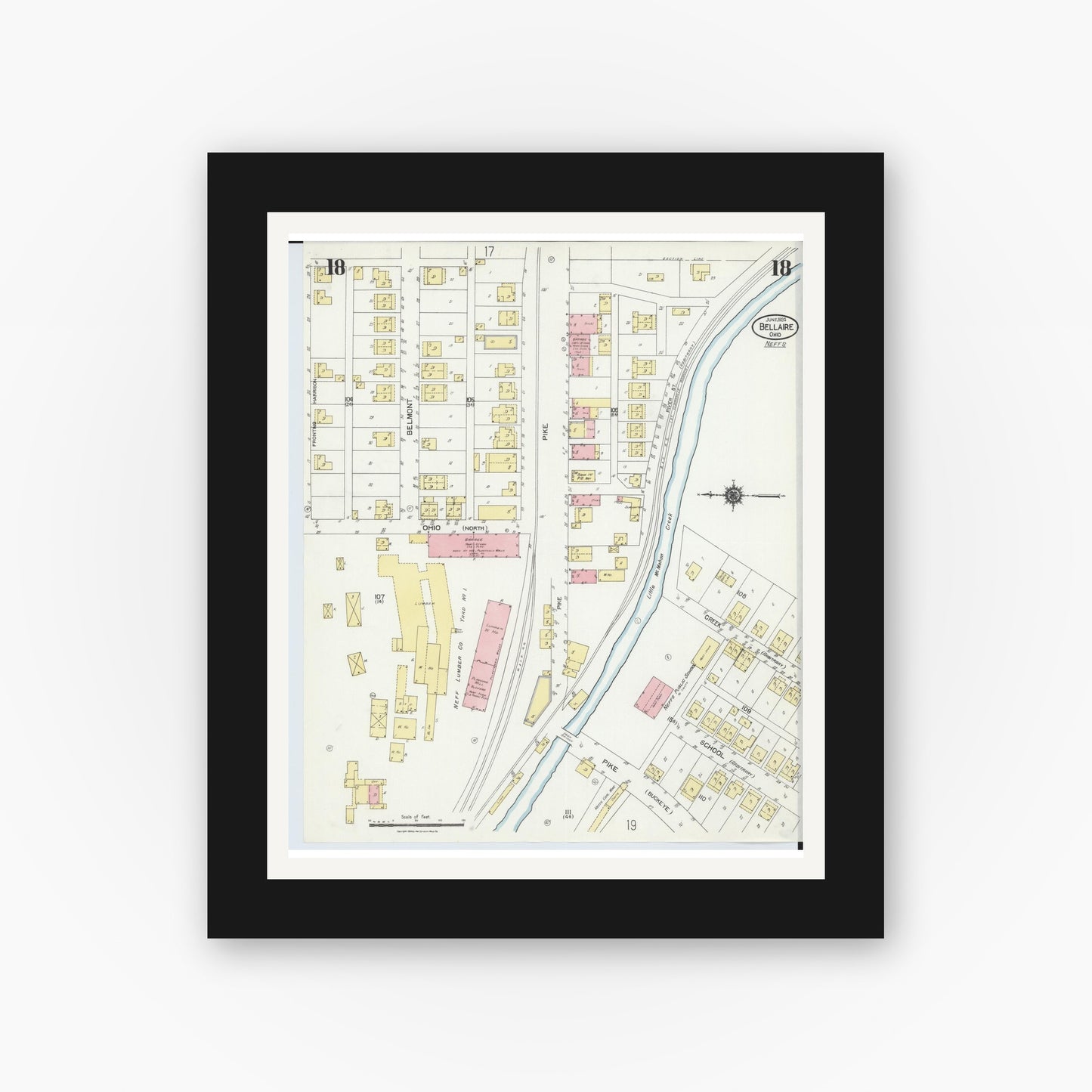 Old map wall art mockup — black gallery frame with white mat — Sanborn Fire Insurance Map from Bellaire, Belmont County, Ohio (1924), Sheet #0018