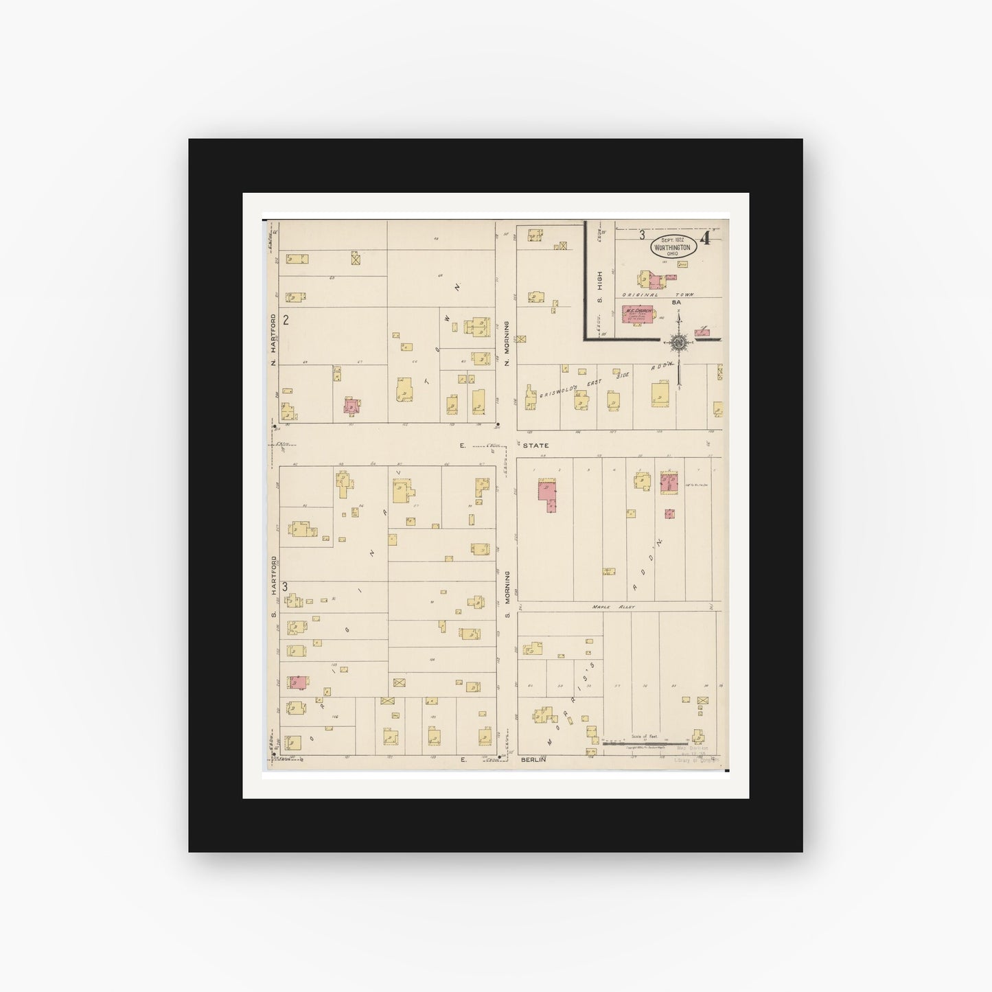 Old map wall art mockup — black gallery frame with white mat — Sanborn Fire Insurance Map from Worthington, Franklin County, Ohio (1922), Sheet #0004