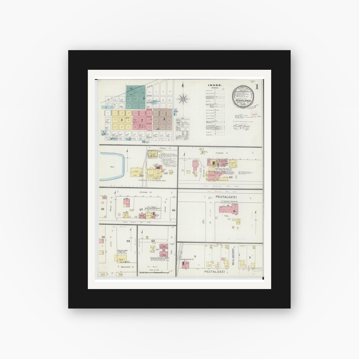 Old map wall art mockup — black gallery frame with white mat — Sanborn Fire Insurance Map from Highland, Madison County, Illinois (1894) - Complete Map Set