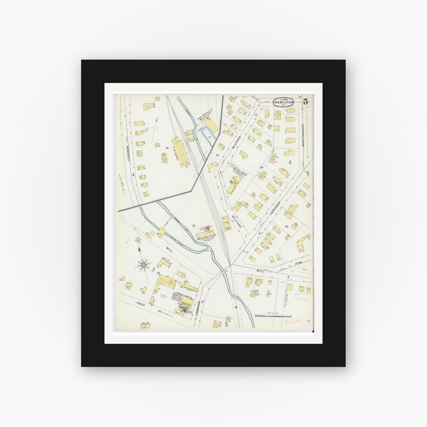 Old map wall art mockup — black gallery frame with white mat — Sanborn Fire Insurance Map from Hamilton, Madison County, New York (1896), Sheet #0005