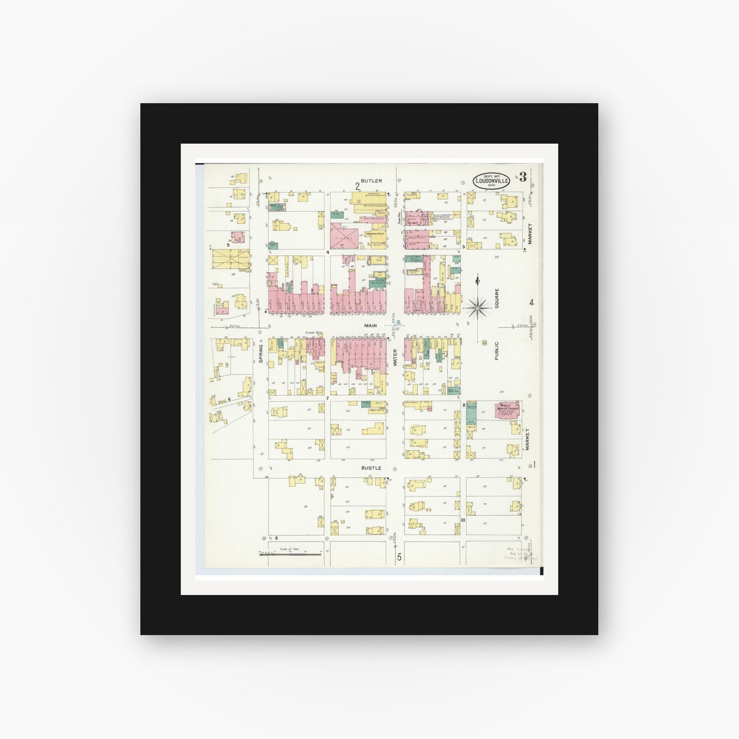 Old map wall art mockup — black gallery frame with white mat — Sanborn Fire Insurance Map from Loudonville, Ashland County, Ohio (1907), Sheet #0003