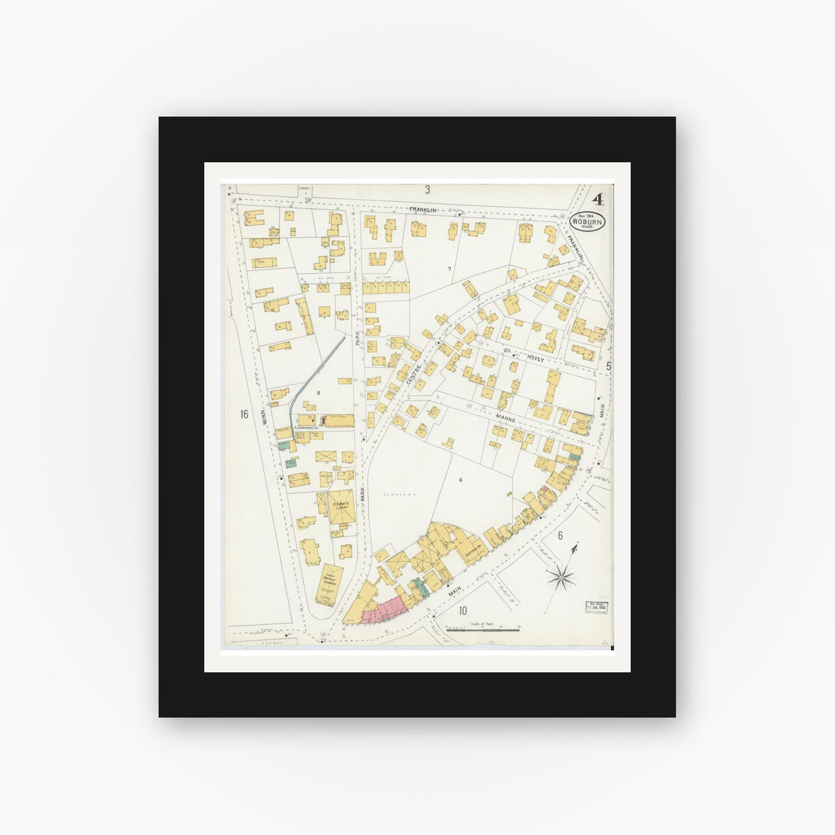 Old map wall art mockup — black gallery frame with white mat — Sanborn Fire Insurance Map from Woburn, Middlesex County, Massachusetts (1904), Sheet #0004