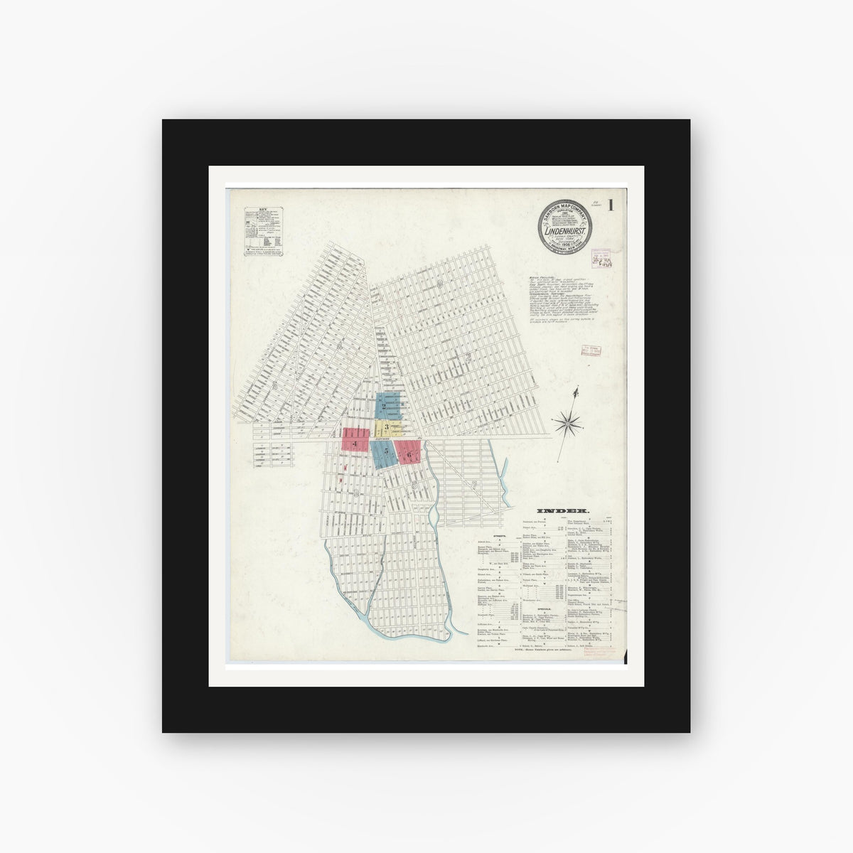 Old map wall art mockup — black gallery frame with white mat — Sanborn Fire Insurance Map from Lindenhurst, Suffolk County, New York (1908) - Complete Map Set