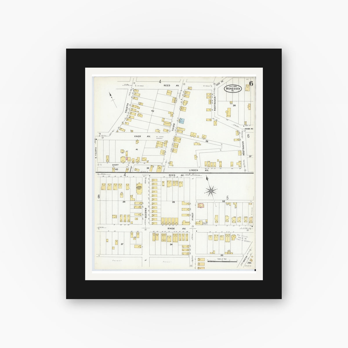 Old map wall art mockup — black gallery frame with white mat — Sanborn Fire Insurance Map from Monessen, Westmoreland County, Pennsylvania (1908), Sheet #0006