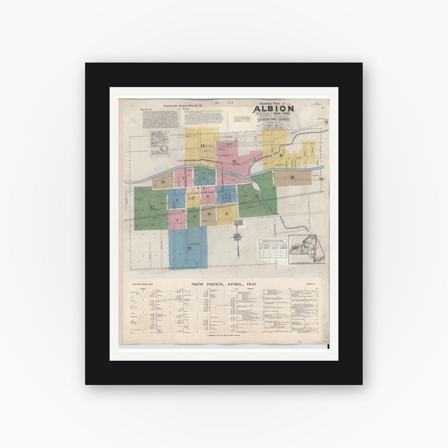 Old map wall art mockup — black gallery frame with white mat — Sanborn Fire Insurance Map from Albion, Orleans County, New York (1941) - Complete Map Set