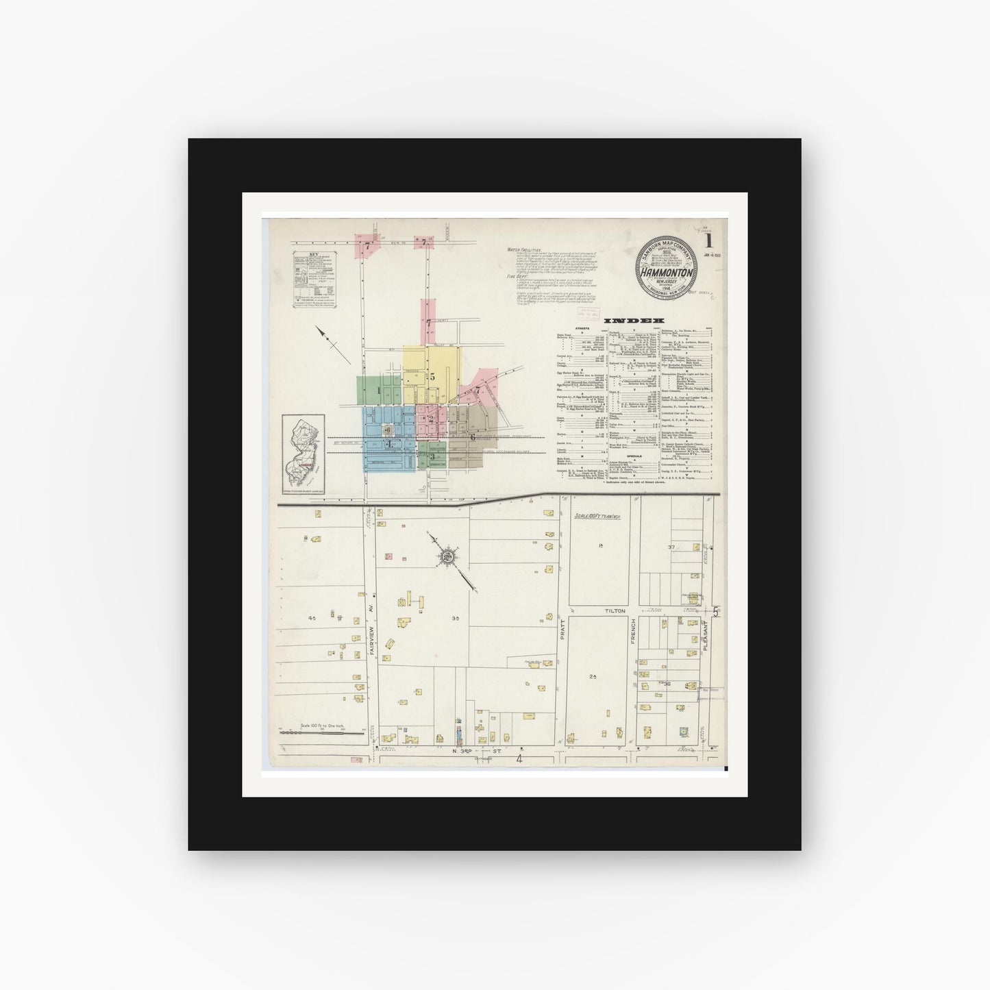 Old map wall art mockup — black gallery frame with white mat — Sanborn Fire Insurance Map from Hammonton, Atlantic County, New Jersey (1914) - Complete Map Set