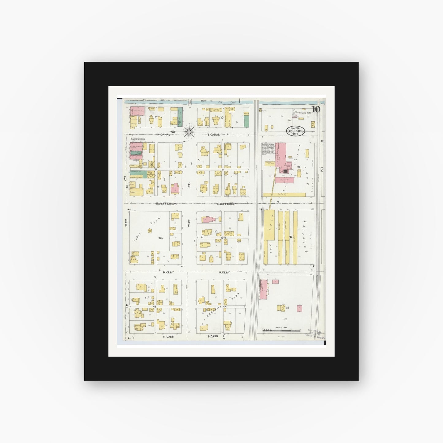 Old map wall art mockup — black gallery frame with white mat — Sanborn Fire Insurance Map from Delphos, Van Wert And Allen Counties, Ohio (1904), Sheet #0010