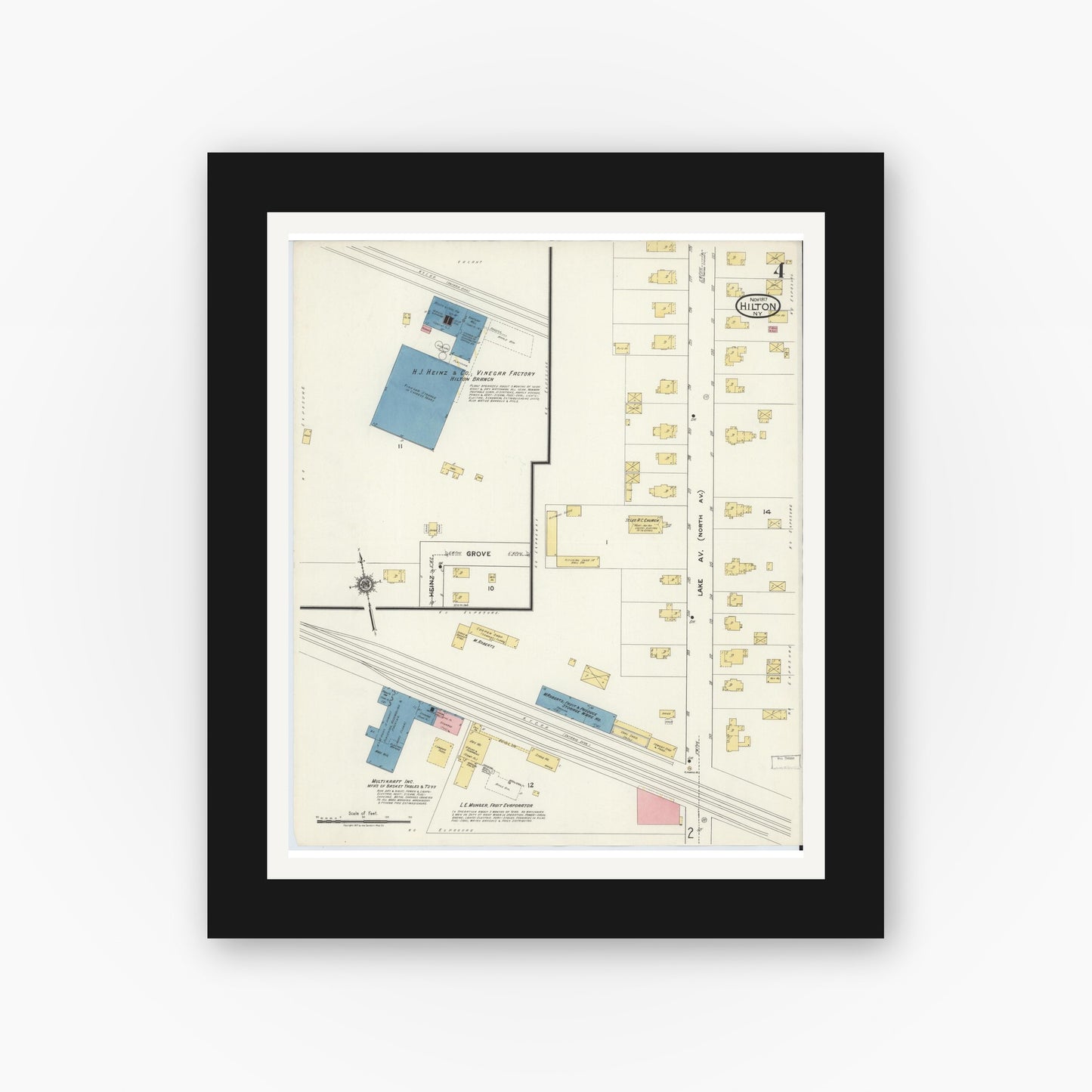 Old map wall art mockup — black gallery frame with white mat — Sanborn Fire Insurance Map from Hilton, Monroe County, New York (1917), Sheet #0004