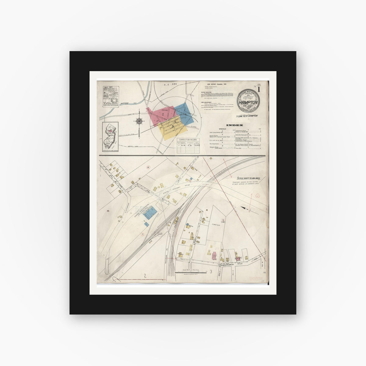 Old map wall art mockup — black gallery frame with white mat — Sanborn Fire Insurance Map from Hampton, Hunterdon County, New Jersey (1936) - Complete Map Set