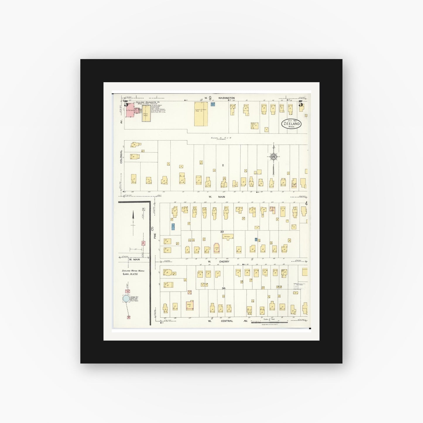 Old map wall art mockup — black gallery frame with white mat — Sanborn Fire Insurance Map from Zeeland, Ottawa County, Michigan (1923), Sheet #0005