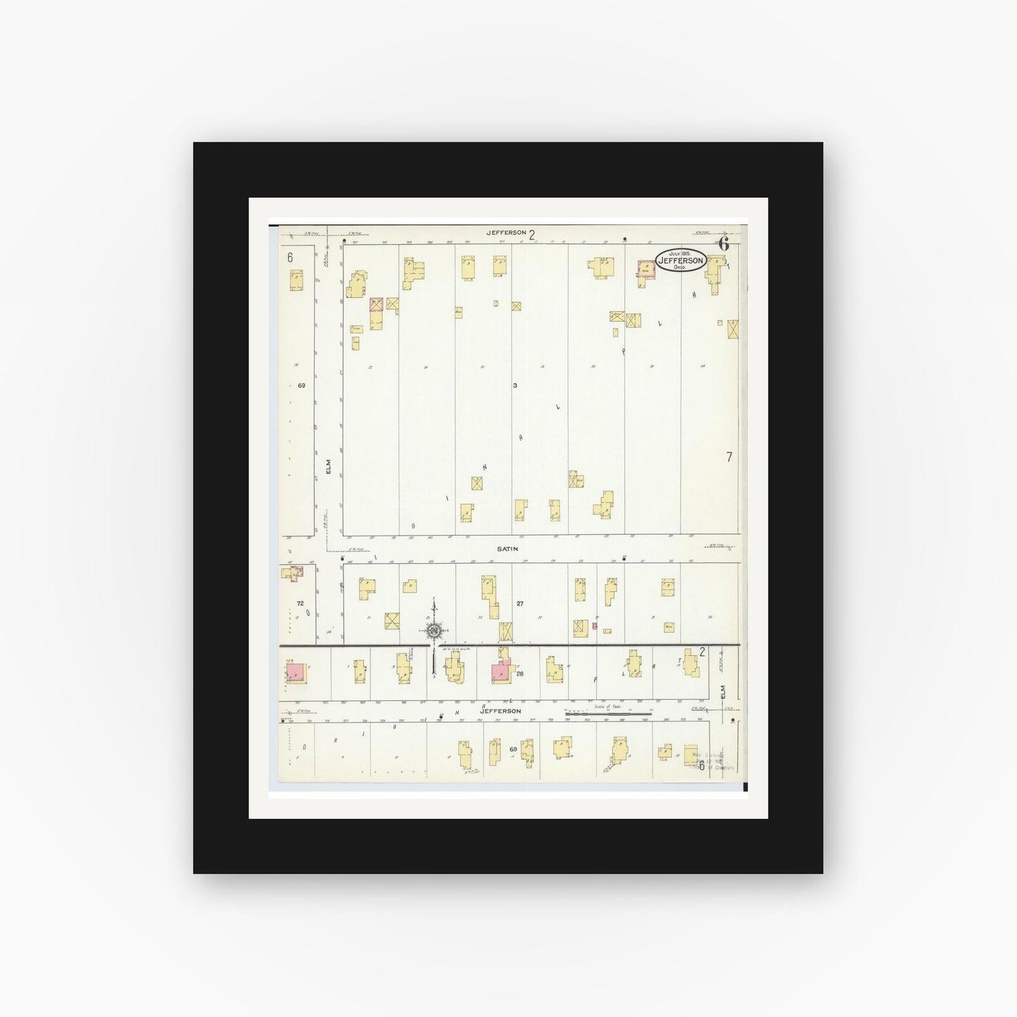 Old map wall art mockup — black gallery frame with white mat — Sanborn Fire Insurance Map from Jefferson, Ashtabula County, Ohio (1915), Sheet #0006