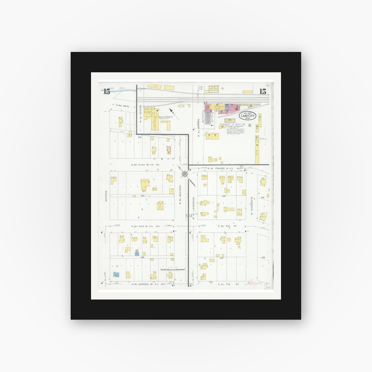 Old map wall art mockup — black gallery frame with white mat — Sanborn Fire Insurance Map from Lake City, Wabasha County, Minnesota (1930), Sheet #0015