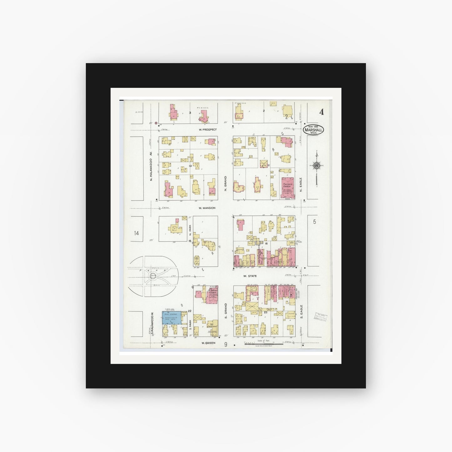 Old map wall art mockup — black gallery frame with white mat — Sanborn Fire Insurance Map from Marshall, Calhoun County, Michigan (1916), Sheet #0004