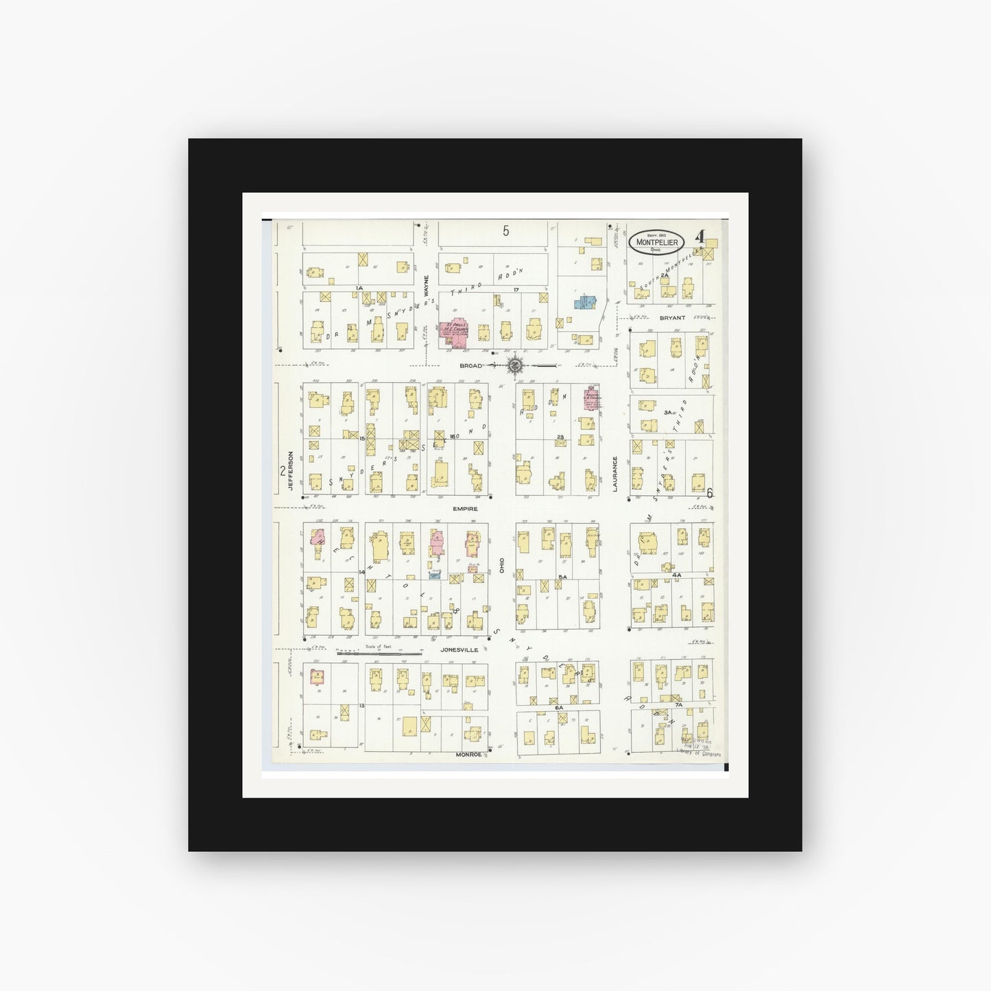 Old map wall art mockup — black gallery frame with white mat — Sanborn Fire Insurance Map from Montpelier, Williams County, Ohio (1910), Sheet #0004