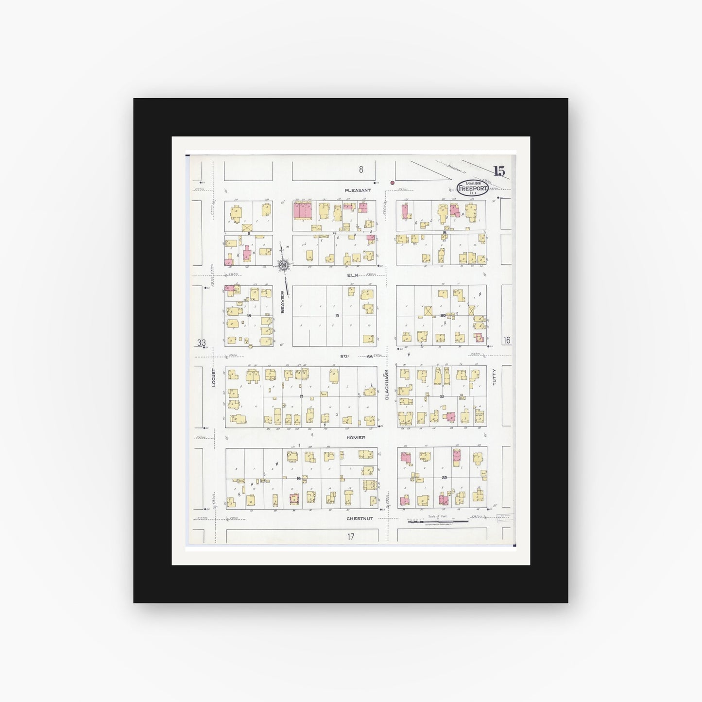 Old map wall art mockup — black gallery frame with white mat — Sanborn Fire Insurance Map from Freeport, Stephenson County, Illinois (1918), Sheet #0015
