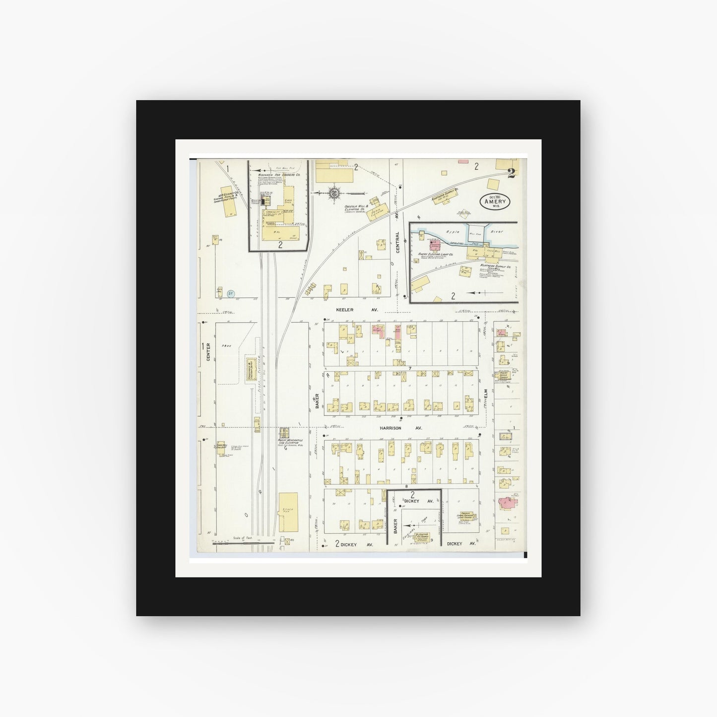 Old map wall art mockup — black gallery frame with white mat — Sanborn Fire Insurance Map from Amery, Polk County, Wisconsin (1911) - Complete Map Set