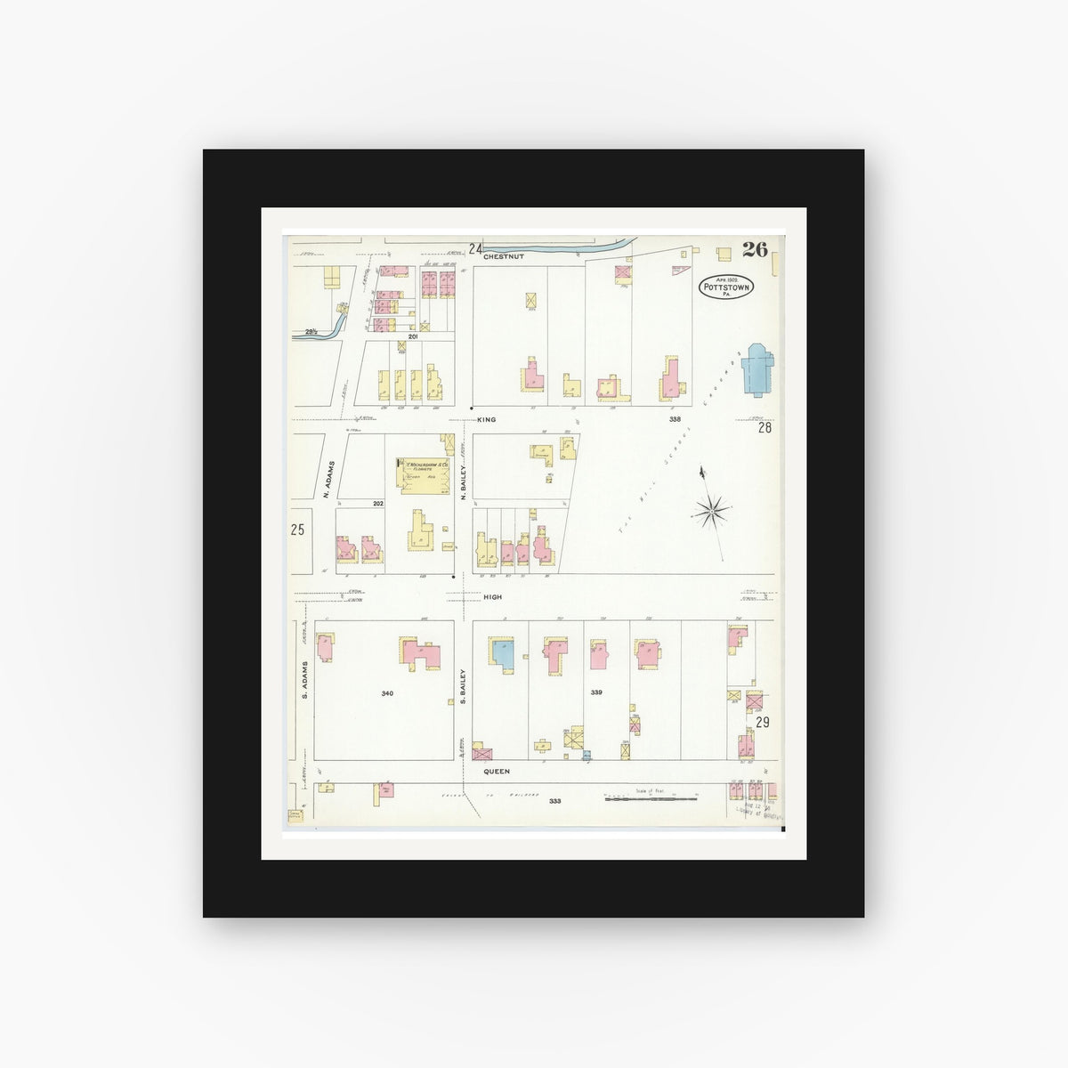 Old map wall art mockup — black gallery frame with white mat — Sanborn Fire Insurance Map from Pottstown, Montgomery County, Pennsylvania (1909), Sheet #0026