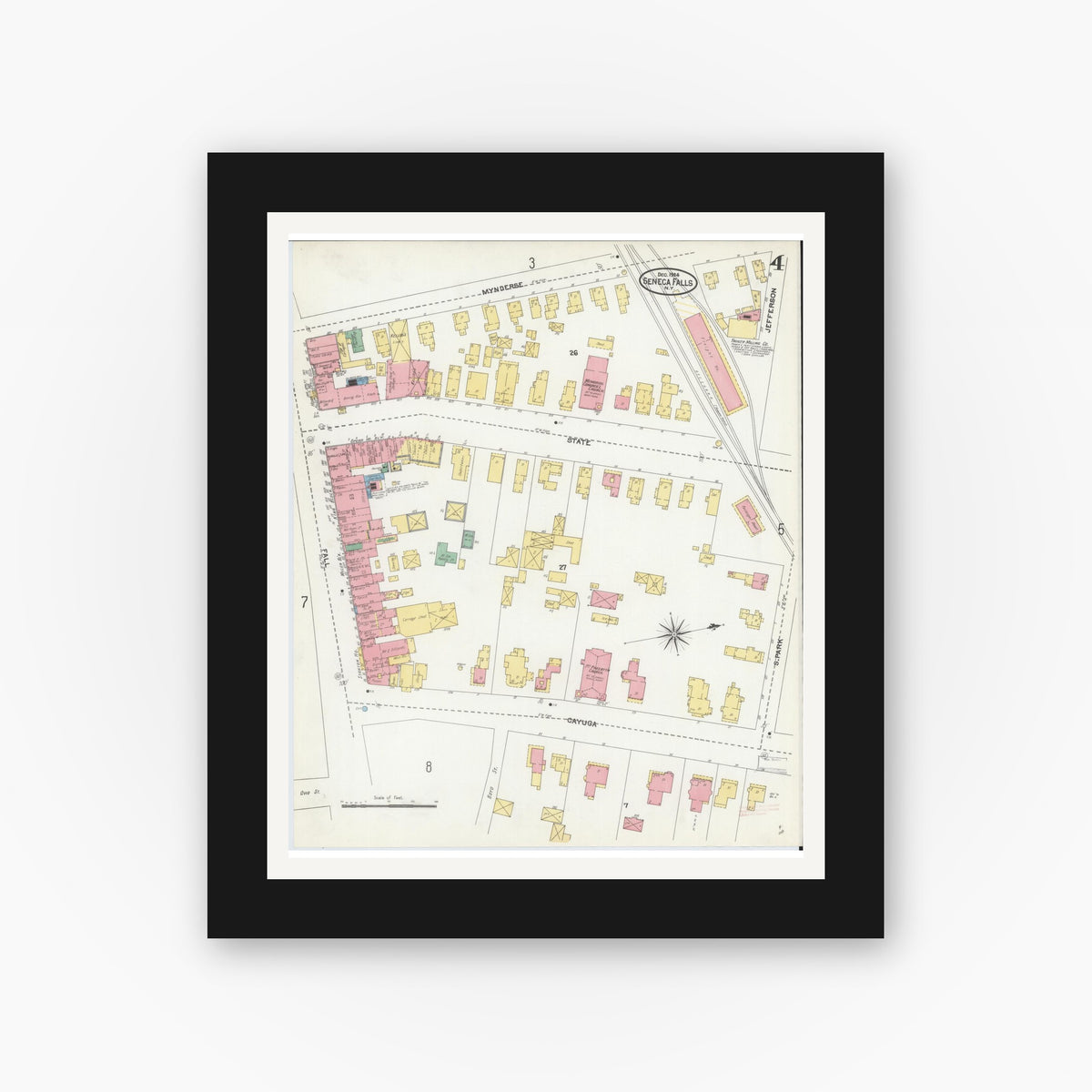 Old map wall art mockup — black gallery frame with white mat — Sanborn Fire Insurance Map from Seneca Falls, Seneca County, New York (1904), Sheet #0004