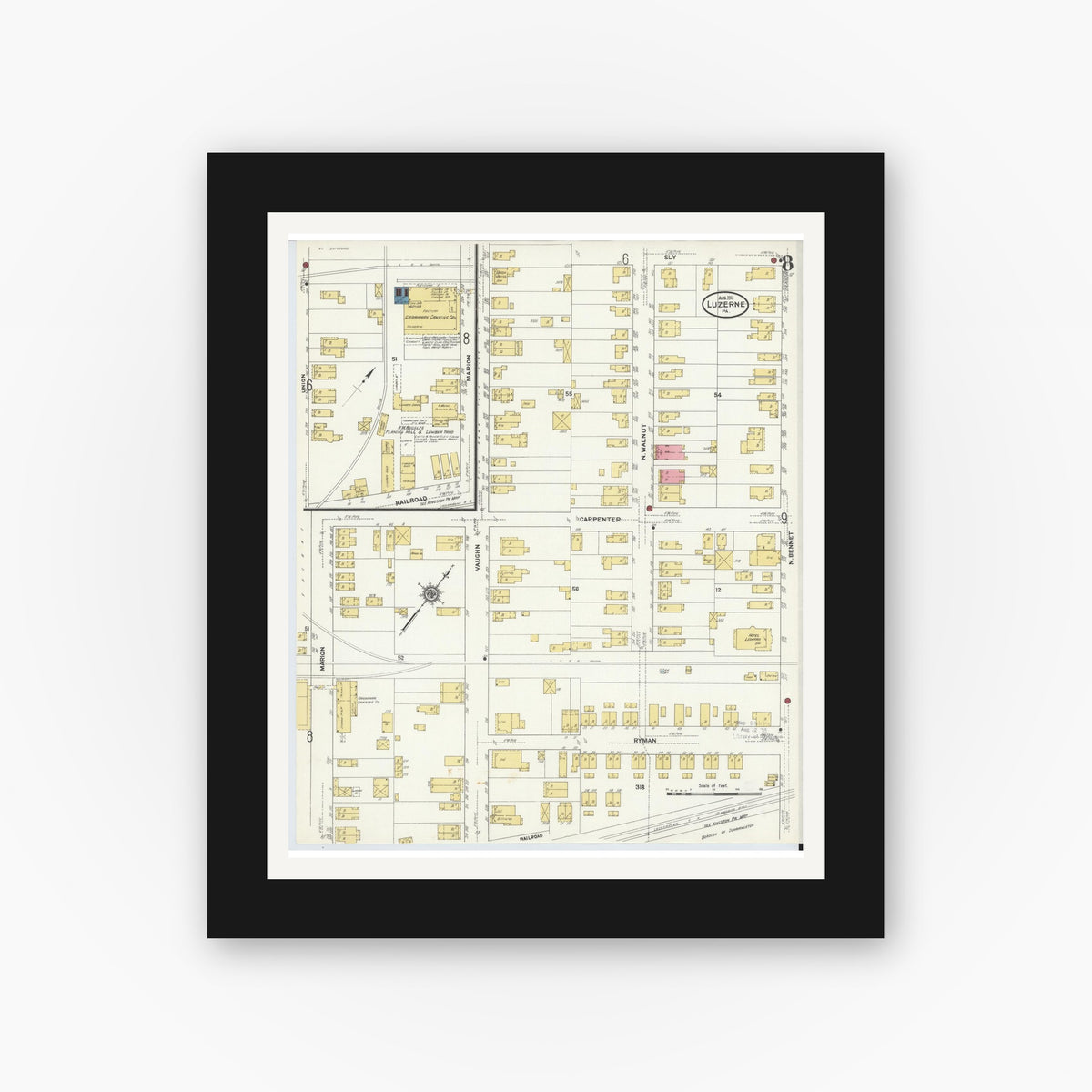Old map wall art mockup β black gallery frame with white mat β Sanborn Fire Insurance Map from Luzerne, Luzerne County, Pennsylvania (1911), Sheet #0008