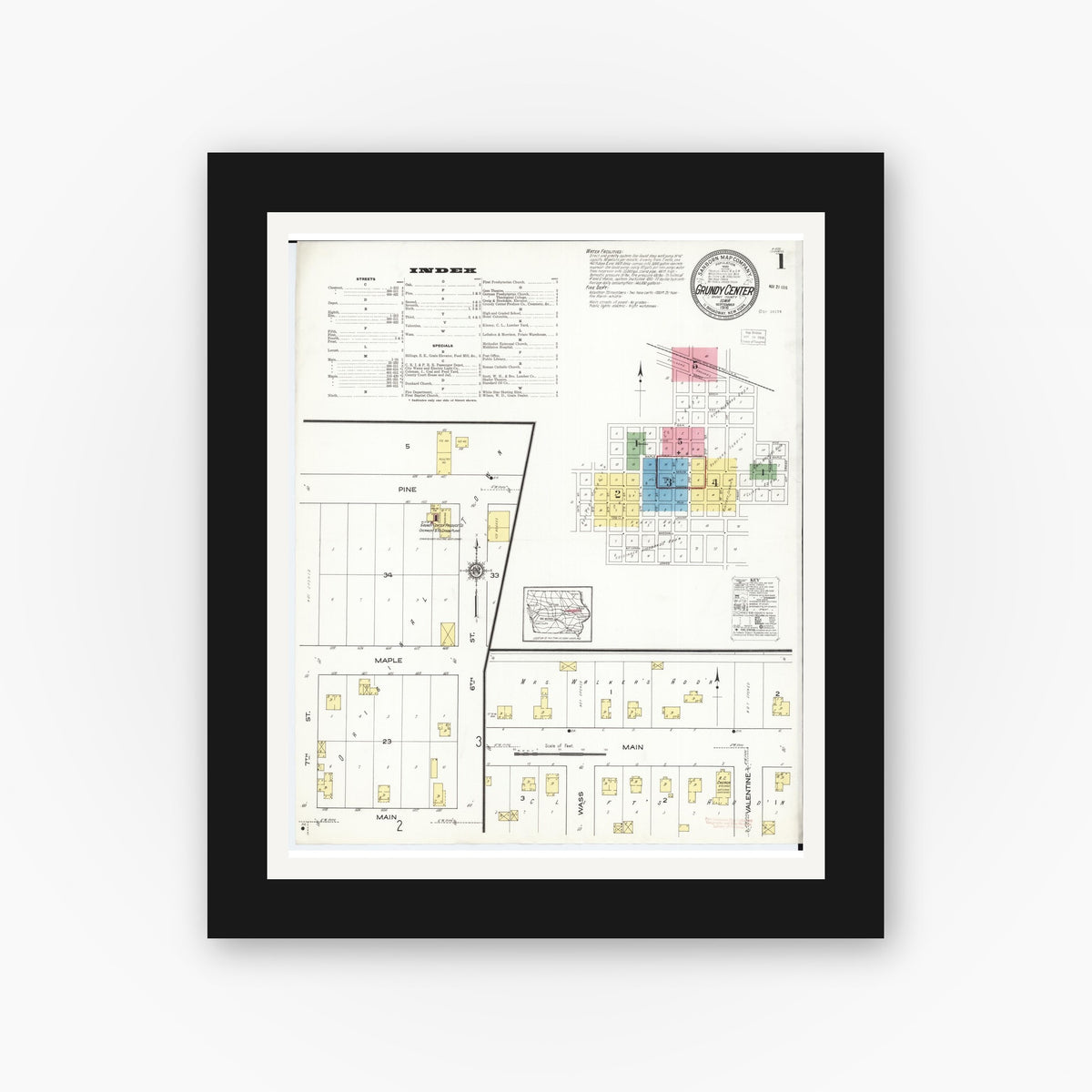 Old map wall art mockup — black gallery frame with white mat — Sanborn Fire Insurance Map from Grundy Center, Grundy County, Iowa (1916) — Complete Set