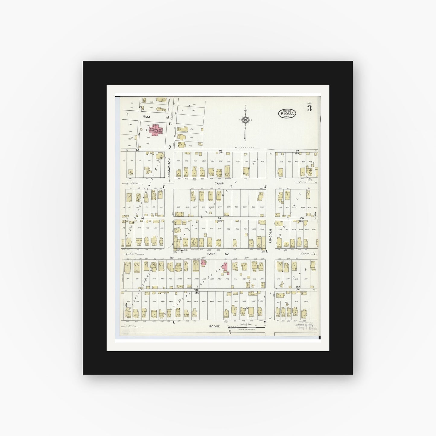 Old map wall art mockup — black gallery frame with white mat — Sanborn Fire Insurance Map from Piqua, Miami County, Ohio (1920), Sheet #0003