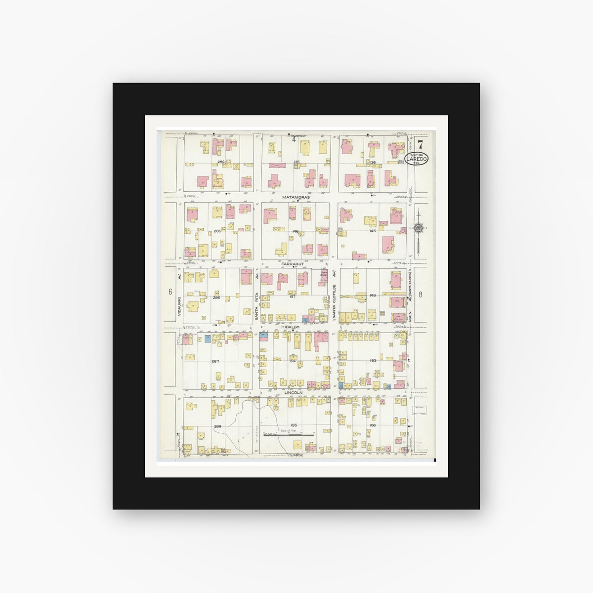 Old map wall art mockup — black gallery frame with white mat — Sanborn Fire Insurance Map from Laredo, Webb County, Texas (1916), Sheet #0007