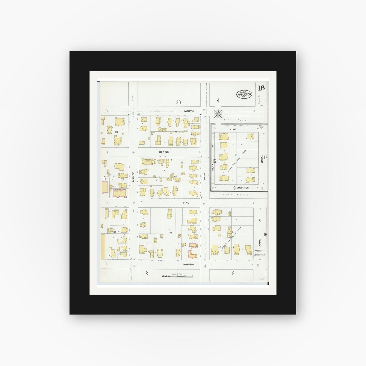 Old map wall art mockup — black gallery frame with white mat — Sanborn Fire Insurance Map from Appleton, Outagamie County, Wisconsin (1901), Sheet #0016