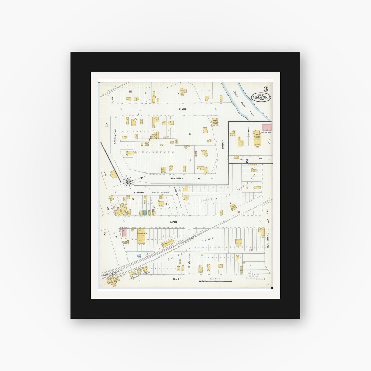 Old map wall art mockup — black gallery frame with white mat — Sanborn Fire Insurance Map from Red Lake Falls, Red Lake County, Minnesota (1904), Sheet #0003