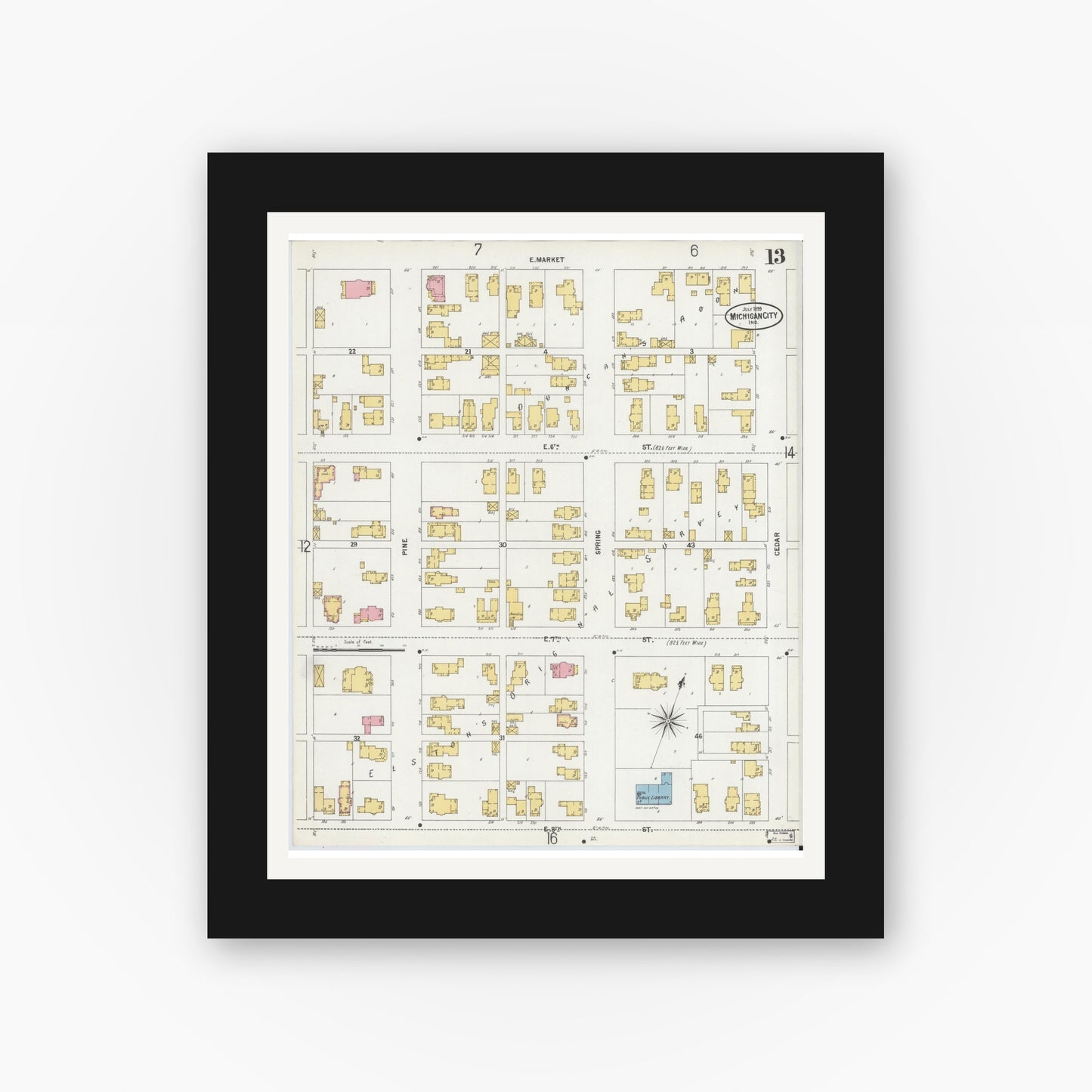 Old map wall art mockup — black gallery frame with white mat — Sanborn Fire Insurance Map from Michigan City, La Porte County, Indiana (1899), Sheet #0013