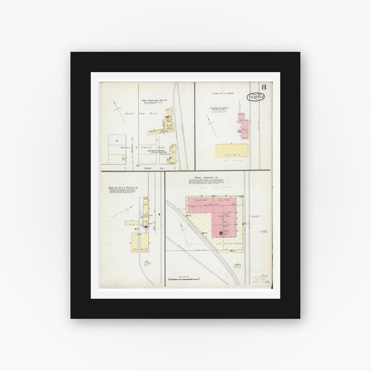 Old map wall art mockup — black gallery frame with white mat — Sanborn Fire Insurance Map from Temple, Bell County, Texas (1893), Sheet #0008