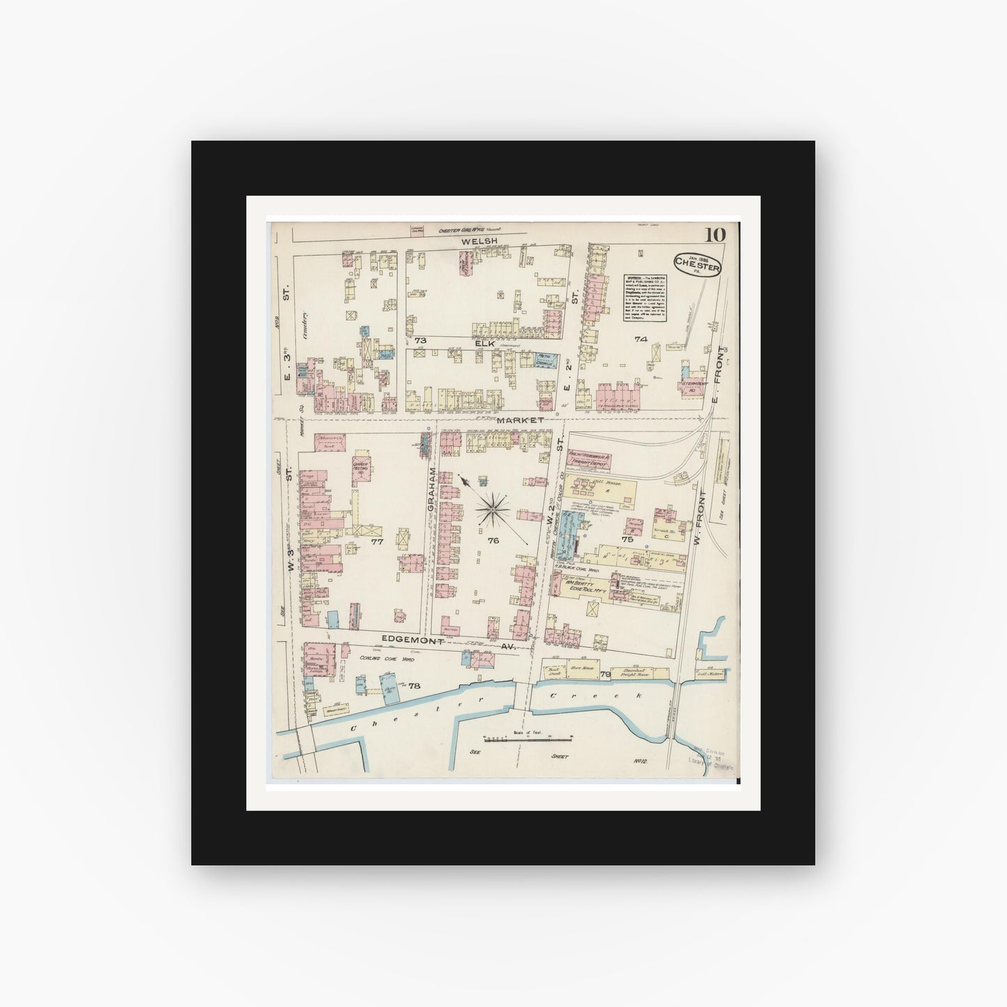 Old map wall art mockup — black gallery frame with white mat — Sanborn Fire Insurance Map from Chester, Delaware County, Pennsylvania (1885), Sheet #0010