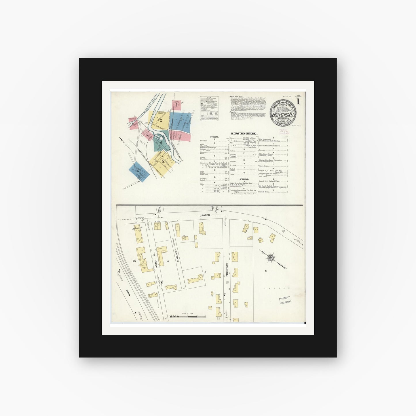 Old map wall art mockup — black gallery frame with white mat — Sanborn Fire Insurance Map from East Pepperell, Middlesex County, Massachusetts (1912) - Complete Map Set