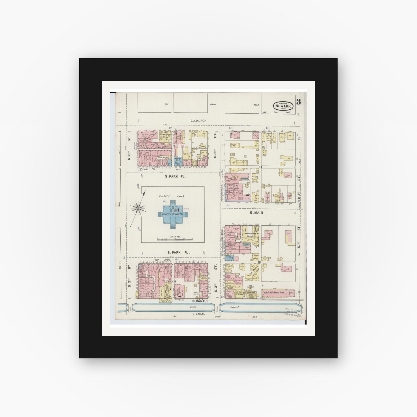 Old map wall art mockup — black gallery frame with white mat — Sanborn Fire Insurance Map from Newark, Licking County, Ohio (1889), Sheet #0003