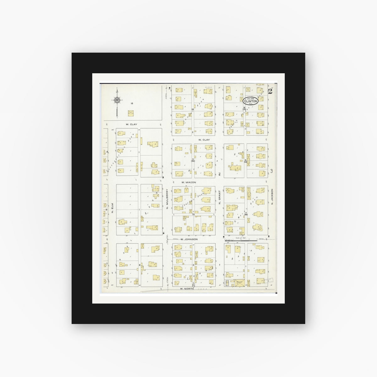 Old map wall art mockup β black gallery frame with white mat β Sanborn Fire Insurance Map from Clinton, De Witt County, Illinois (1916), Sheet #0002