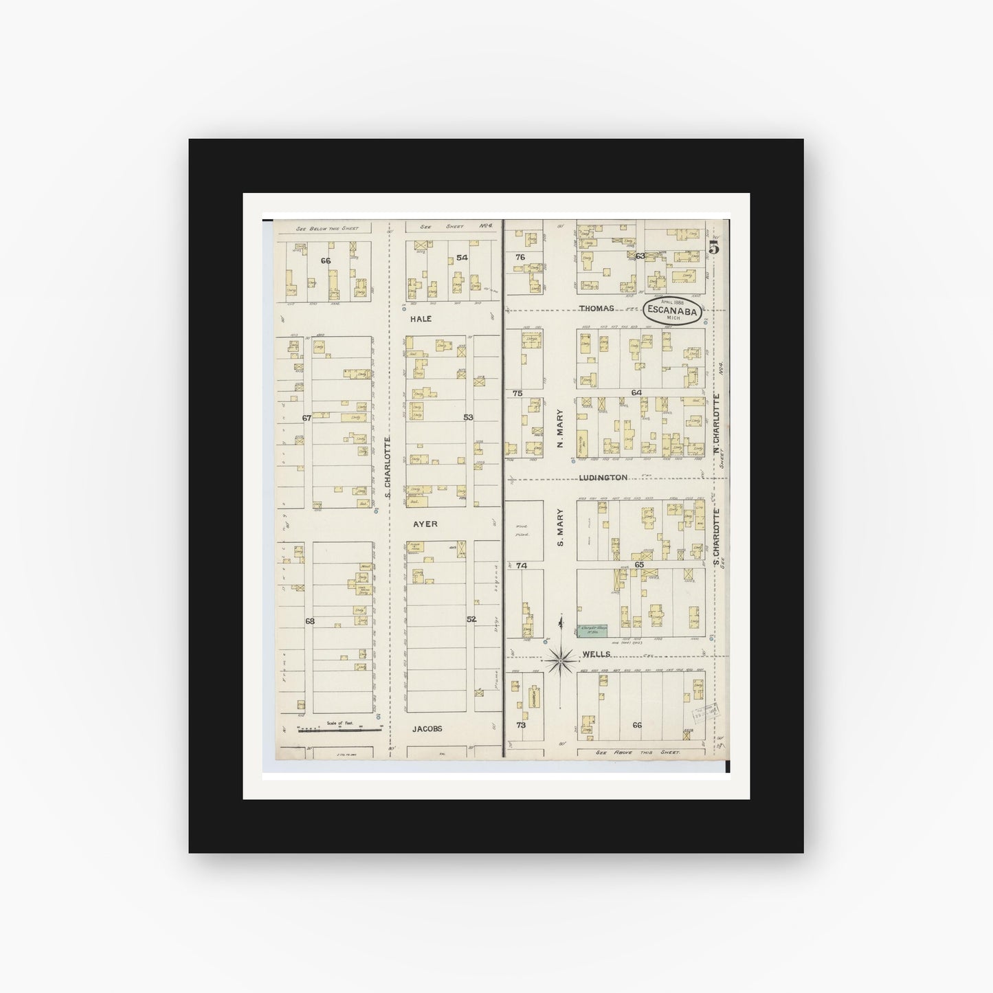 Old map wall art mockup — black gallery frame with white mat — Sanborn Fire Insurance Map from Escanaba, Delta County, Michigan (1888), Sheet #0005