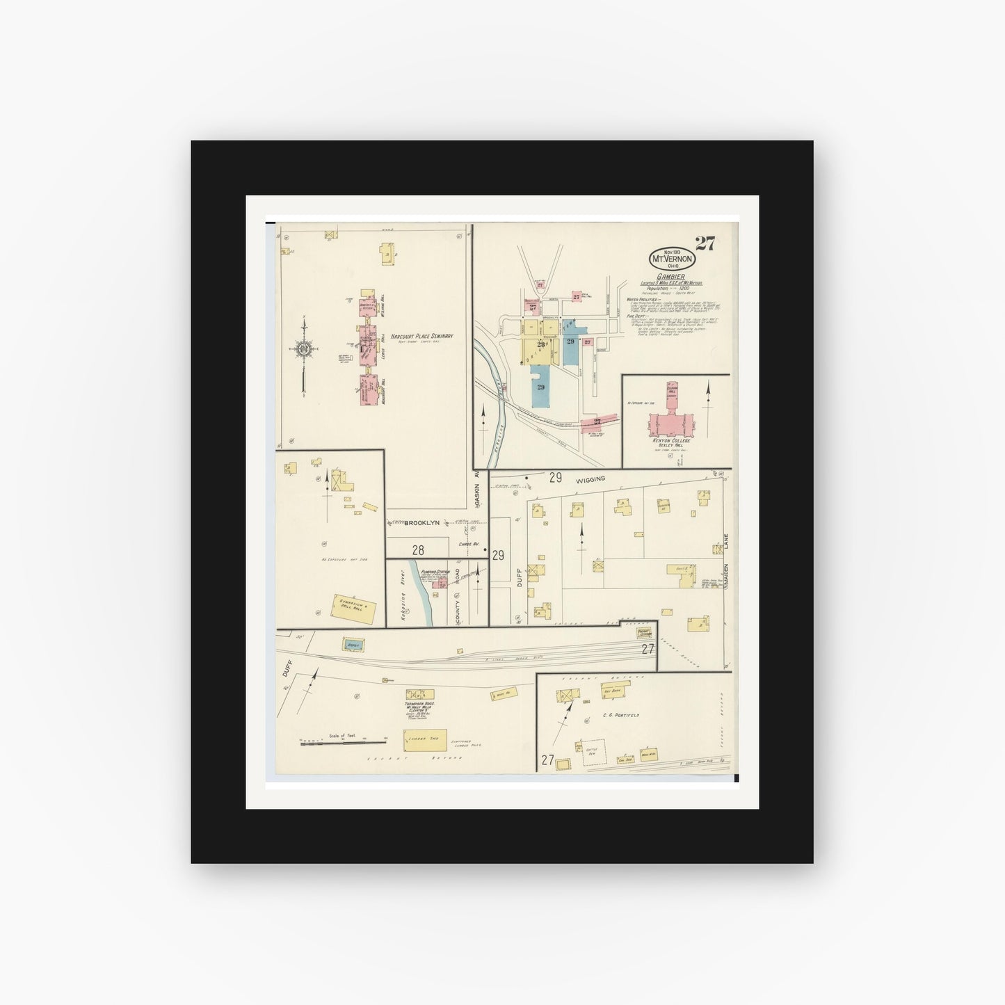 Old map wall art mockup — black gallery frame with white mat — Sanborn Fire Insurance Map from Mount Vernon, Knox County, Ohio (1913), Sheet #0027