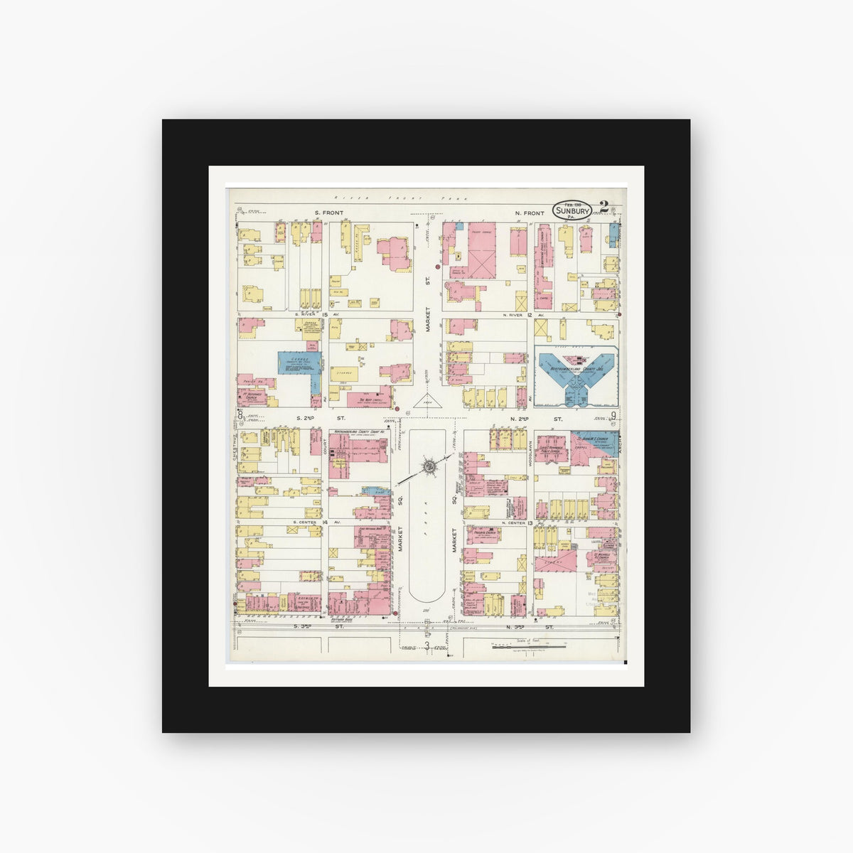 Old map wall art mockup — black gallery frame with white mat — Sanborn Fire Insurance Map from Sunbury, Northumberland County, Pennsylvania (1918), Sheet #0002