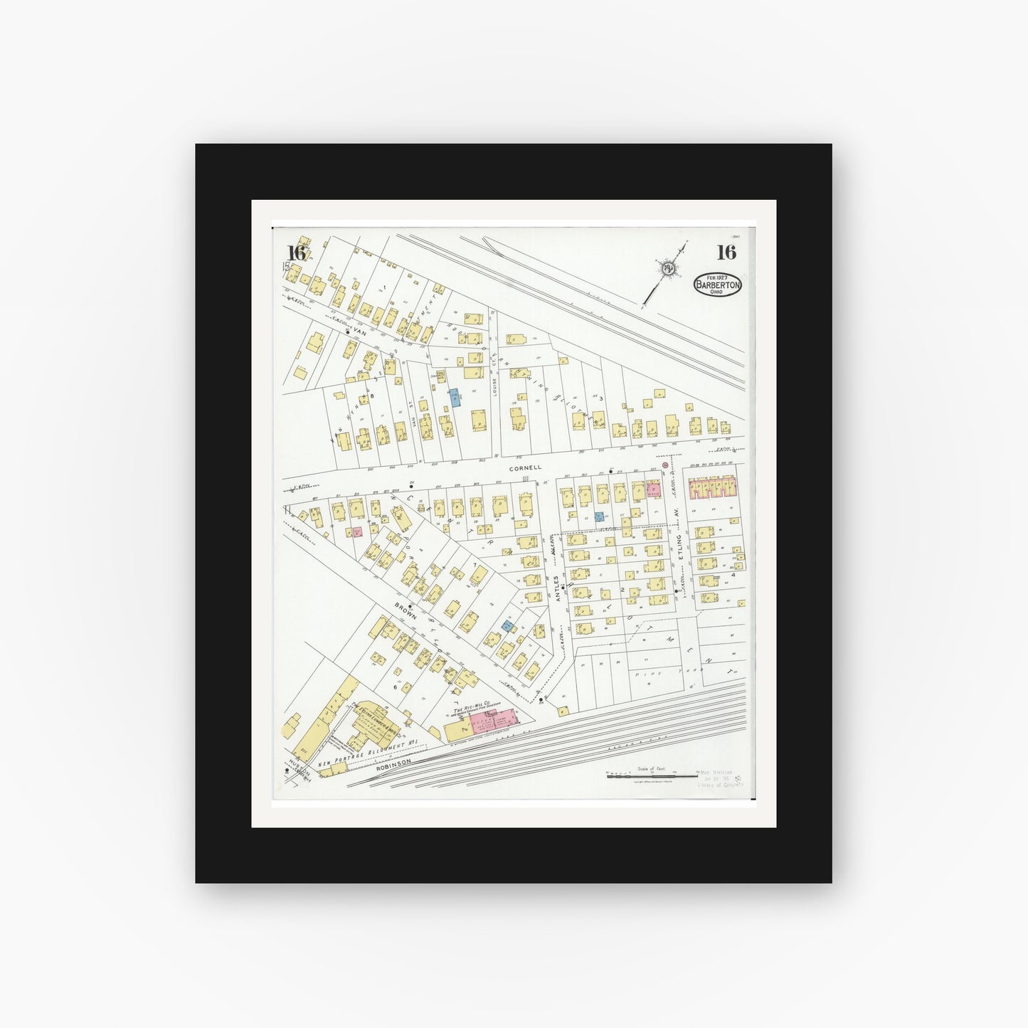 Old map wall art mockup — black gallery frame with white mat — Sanborn Fire Insurance Map from Barberton, Summit County, Ohio (1927), Sheet #0016
