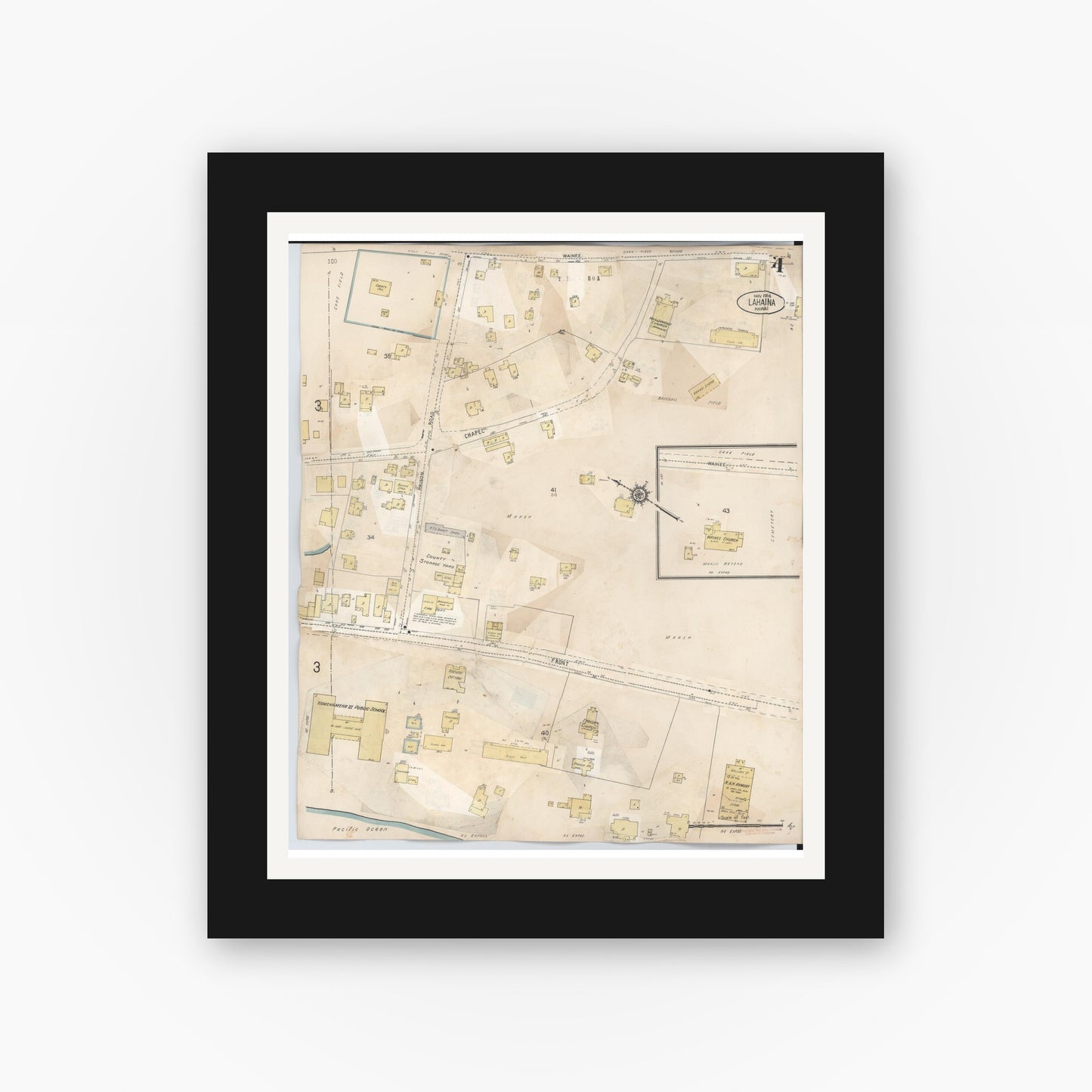 Old map wall art mockup — black gallery frame with white mat — Sanborn Fire Insurance Map from Lahaina, Maui County, Hawaii (1950), Sheet #0004